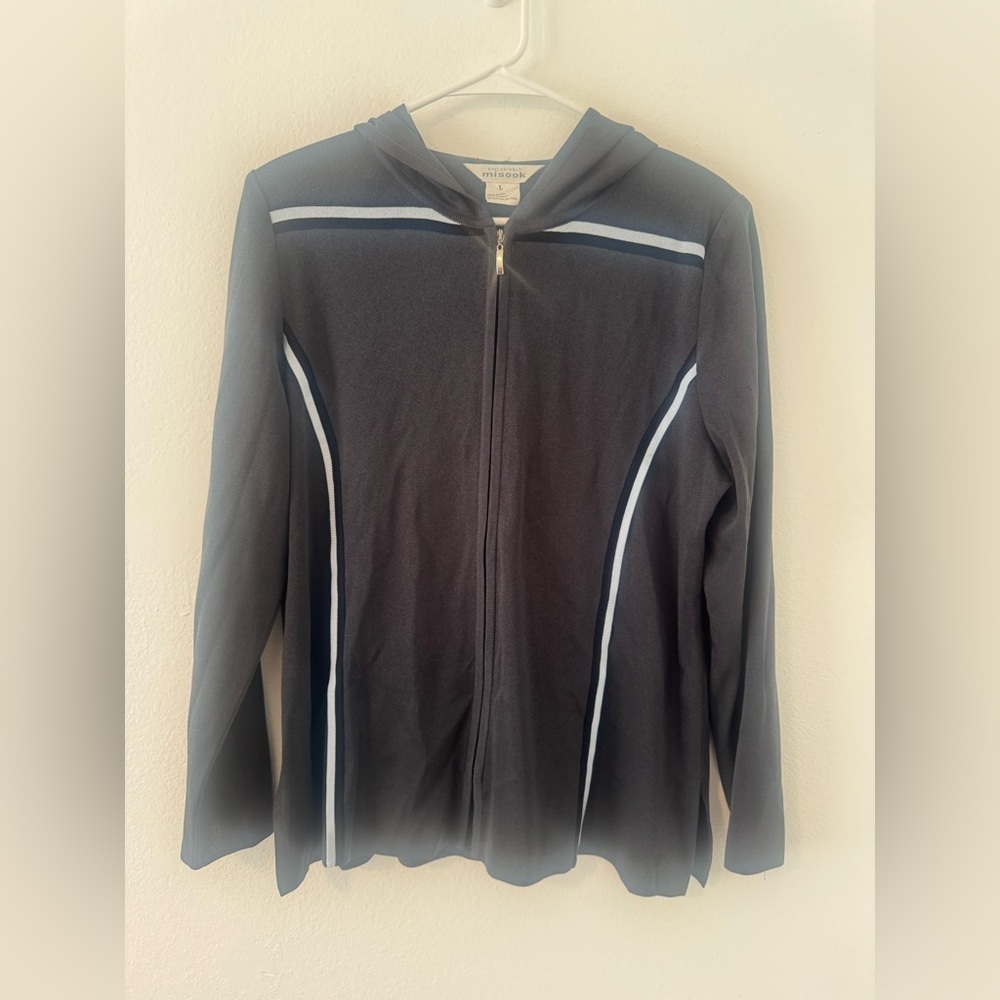 Exclusively Misook Grey Stretch Knit Full Zip Hoodie Blue Trim Size Large